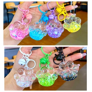 Cute Cat Paw Liquid Quicksand Keychain Bottle Acrylic Bag Charm Pendant With Bell Colorful Luminous Keyring For Girls Women