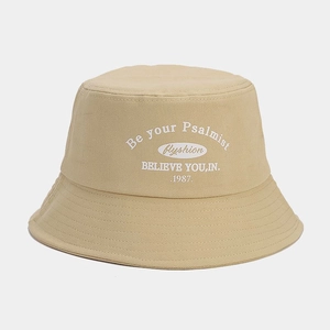 Detail of khaki cotton bucket hat with white Be your Psalmist vintage typography print