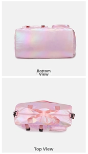 Detail showing the top and bottom structure of holographic pink pearl swimming bag