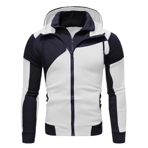 Men slim fit hooded jacket with navy blue and white geometric color block design