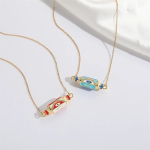 Retro geometric Evil Eye pendant necklace with colorful enamel and gold-plated chain