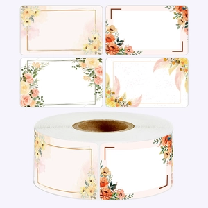 Macro detail of floral adhesive labels for kitchen storage and gift marking on a roll
