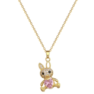 Titanium rabbit necklace with pink heart gemstone and pavé rhinestones on gold chain