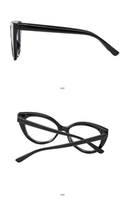 Side view and back perspective of black cat-eye TR90 frames with clear lenses