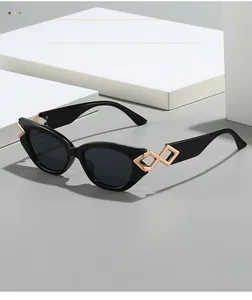 Detail einer Cat-Eye-Sonnenbrille mit goldenem geometrischem Metallscharnier-Design