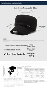 Size chart for men's winter flat cap with earflaps showing dimensions and head circumference