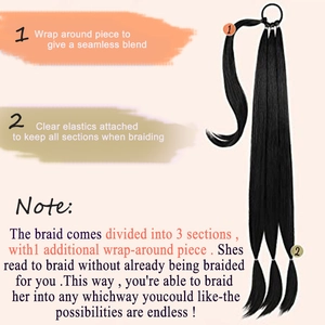 Black wrap around braided ponytail extension 80cm 150g with 3 strands and clear elastics