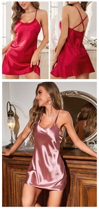 Detail of satin slip nightdress featuring thin cross straps and open back design