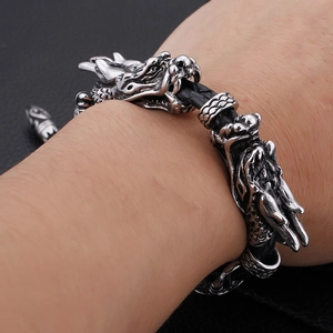 Bracelet rétro en cuir tressé tête de dragon pour homme en acier inoxydable vintage