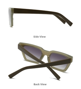 Side and back view of modern cat-eye sunglasses with translucent green frame and gradient lenses
