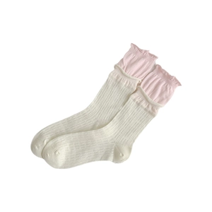 Korean style ruffled cream white crew socks with pink lettuce edge trim for women