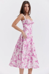 Detail of pink floral spaghetti strap dress with gathered bust and drawstring