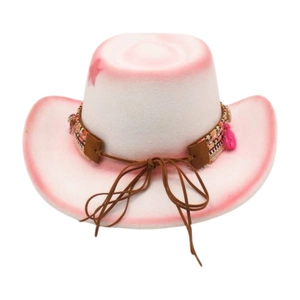 Detail of ethnic style fedora featuring a pink star and woven colorful tassel band