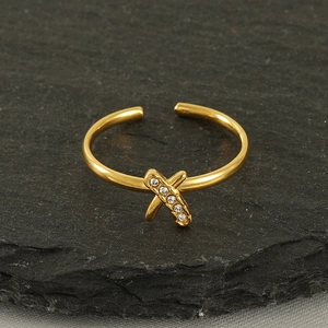 Adjustable 18k gold-plated stainless steel X-shaped ring with inlaid cubic zirconia