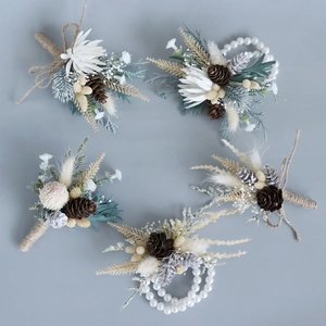 Forest style wedding corsage set with pine cones, dried flowers and pearls in white and green