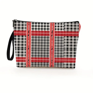Classic checkered makeup bag with red accents and durable top handle for travel use