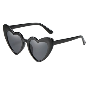 Fashionable heart-shaped black sunglasses with metal hinges and smoke lenses in 45-degree view