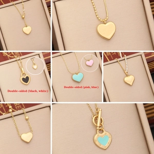 Heart Pendant Necklace Stainless Steel Enamel Double Sided Gold Tone Fashion Jewelry For Women Elegant Clavicle Chain