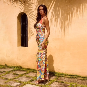 Summer halter neck maxi dress with colorful mosaic print and elegant side slit