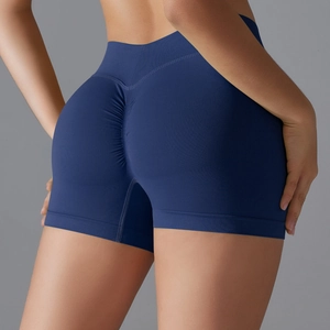 Vue détaillée arrière du short de yoga bleu foncé à taille haute avec effet liftant scrunch butt