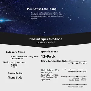 Detailed size chart for cotton lace thongs showing 12-pack specifications and S/M/L dimensions