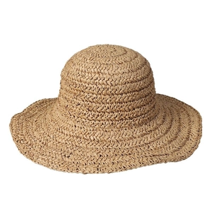 Classic wide-brim handmade woven straw sun hat for women in natural wood tone color