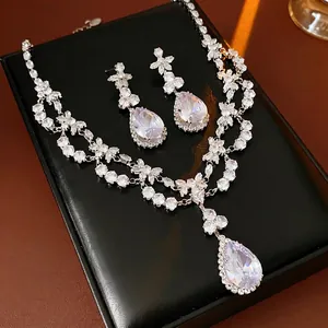 Luxury zircon flower drop necklace and earrings jewelry set on premium display box