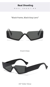 Front and 45-degree side views of black geometric sunglasses with dark grey lenses