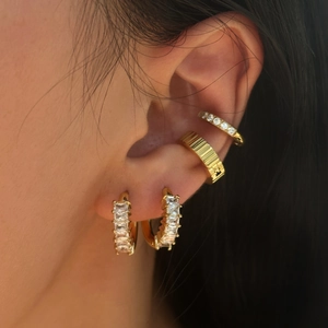 18K Gold Plated Stainless Steel Minimalist Zircon Ear Cuff Hoop Earrings For Women Retro Striped Baguette Stone