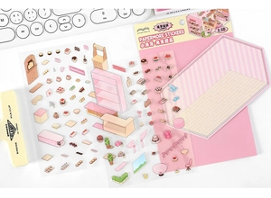 Detailed 2.5D pink dessert shop scenery stickers with miniature furniture and tiny treats
