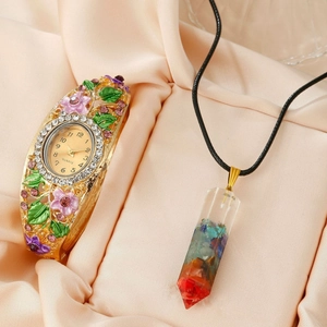 Vintage cloisonne floral bangle watch and colorful stone resin pendant jewelry set