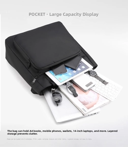 Detailed interior of nylon business backpack showing dedicated 14-inch laptop compartment