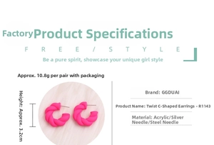 Macro detail of rose pink twisted C-shaped acrylic earrings with size and weight info