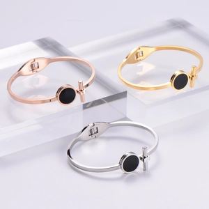 T-Bar Bangle Bracelet 316L Stainless Steel 18K Gold Plated With Black Enamel Round Disk Geometric Minimalist Jewelry Women