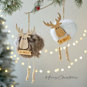 Christmas Reindeer Elk Hanging Ornament Wood Faux Fur Plush Pom Pom Tree Decor Home Holiday Party Nordic Handcrafted Style