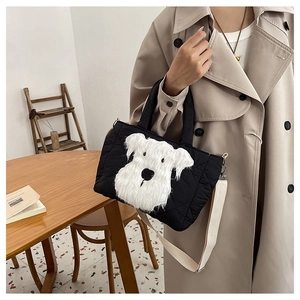 Quilted nylon toddler tote with plush Schnauzer patch and adjustable crossbody strap