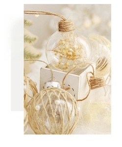 Detail of 8cm transparent Christmas ball ornaments with dried flowers and pearl accents