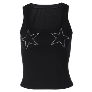 Detail of black ribbed knit vest top featuring two symmetrical silver rhinestone stars
