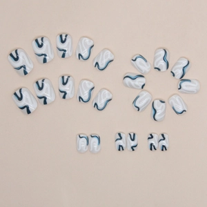 Short square press-on nails with blue and white abstract wavy patterns, 24 piece set