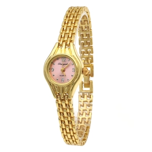 Detail view of the pink dial and golden metal chain strap of the women's fashion watch
