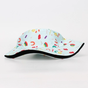 Detail of light blue bucket hat featuring colorful rainbow graffiti and nice text print