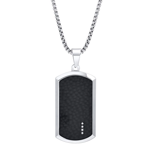 Men's titanium steel military tag necklace with black hammered texture and four small diamonds