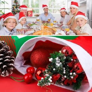 Classic red Santa hat and festive Christmas stocking with holiday pine cones and ornaments