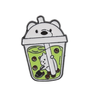 Cute enamel polar bear pearl milk tea brooch with green tea drink and boba pearls
