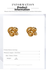 Detail showing gold twisted knot earrings with dimensions 15mm by 15mm and copper base material