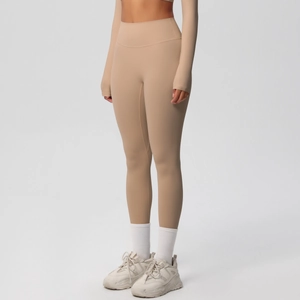 Detail view of high waisted seamless yoga leggings with tummy control wide waistband