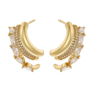 Luxurious gold C-shaped double layered stud earrings with marquise and round crystals