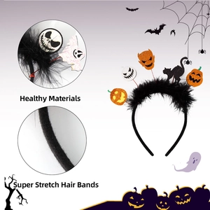 Halloween headband with pumpkin and ghost motifs plus black feather trim for party decor