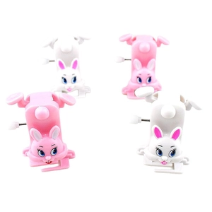 Pink and white wind-up bunny toys set showing mechanical walking movement for Easter gifts