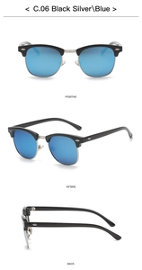 Drei-Ansichten-Layout der halbrandlosen Clubmaster-Sonnenbrille mit blau verspiegelten Gläsern